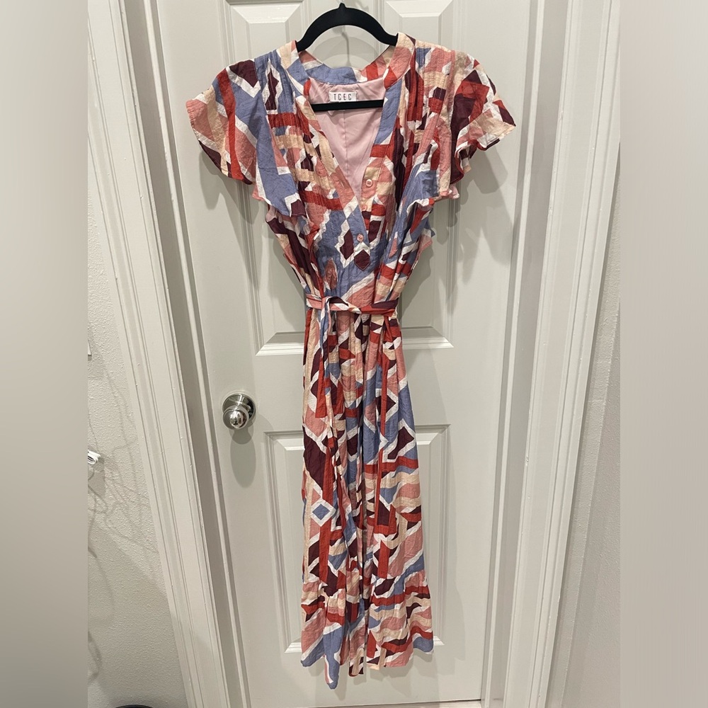TCEC Red and Blue Geometric Midi Dress